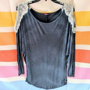 T Party Navy Tie Dye Grey Crochet Lace Cold Shoulder Top Boho Whimsigoth Y2K S